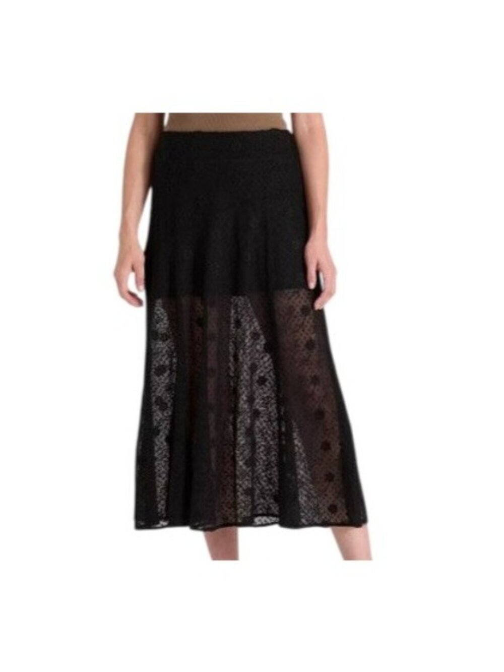 Black Lace Mid-Length Skirt With Sheer Overlay & Lined Interior - Women’s Size L